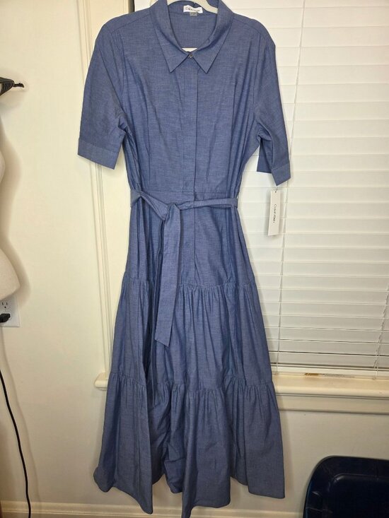 Calvin Klein Dresses & Skirts - NWT Calvin Klein Blue Maxi Shirt Dress Blue Tiered Skirt Tie 14 Cotton